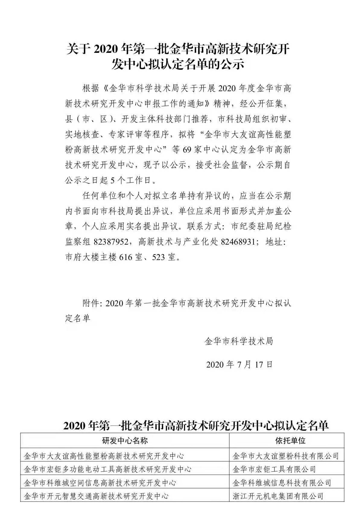 金华市高新技术研究开发中心拟认定名单公示
